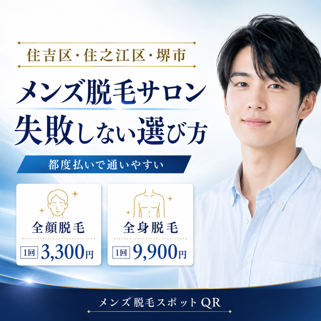 大阪市住吉区・住之江区・堺市で都度払いのメンズ脱毛サロンを選ぶポイント。メンズ脱毛スポットQRは全顔脱毛1回3,300円、全身脱毛1回9,900円。