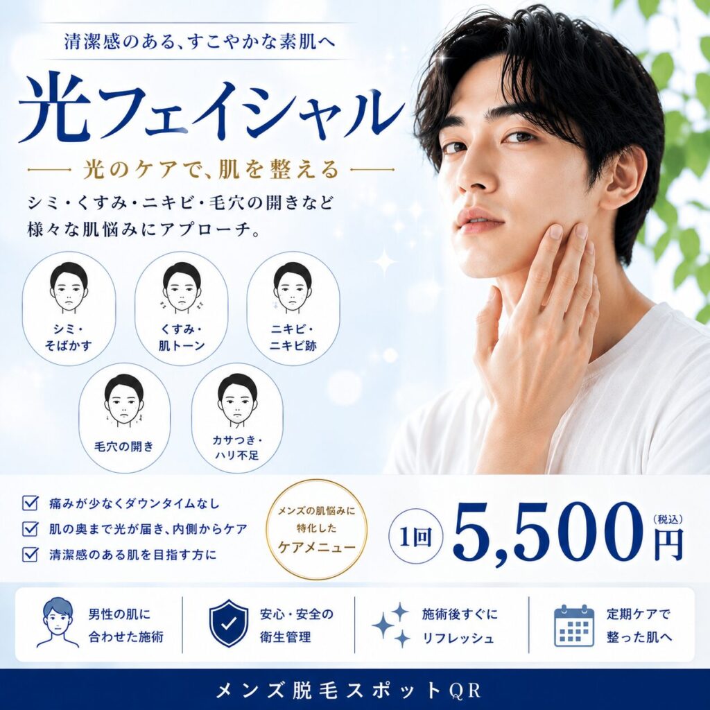 大阪市住吉区のメンズ脱毛スポットQR｜シミ・くすみ・ニキビ・毛穴の悩みに対応する光フェイシャル1回5,500円（税込）