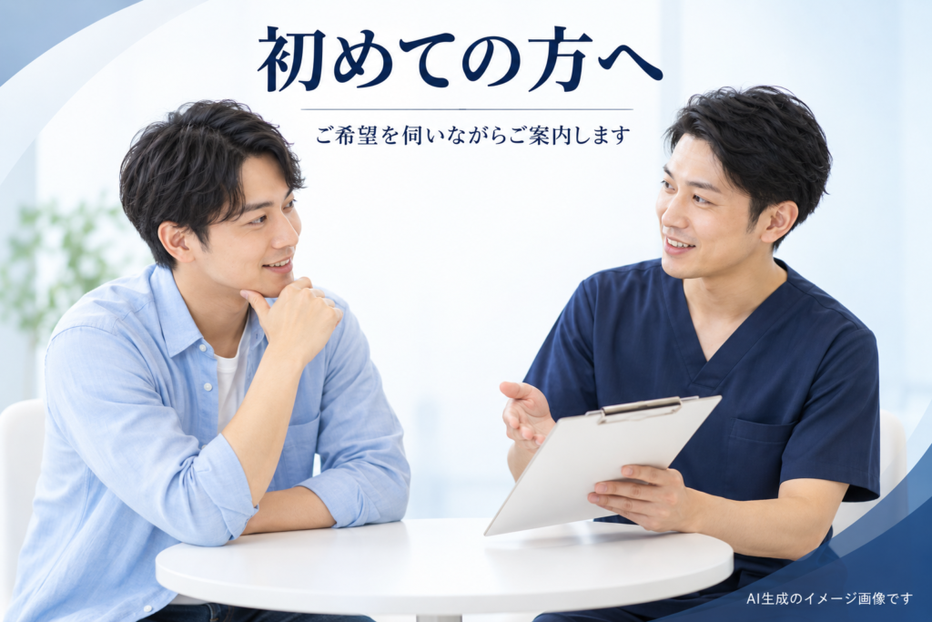 男性のお客様が施術前の希望を相談する様子を表したAI生成のイメージ