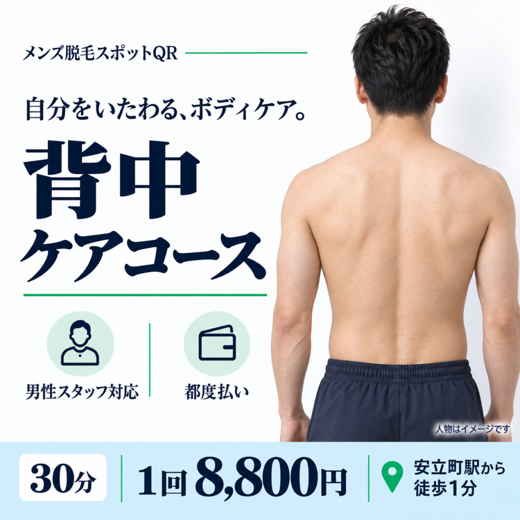 メンズ脱毛スポットQRの背中ケアコース。30分、1回8,800円。男性スタッフ対応・都度払い。大阪市住吉区、安立町駅徒歩1分。人物はイメージです。