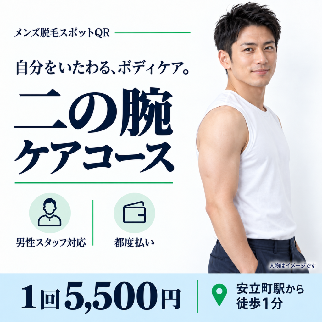 メンズ脱毛スポットQRの二の腕ケアコース。1回5,500円。男性スタッフ対応・都度払い。大阪市住吉区、安立町駅徒歩1分。人物はイメージです。